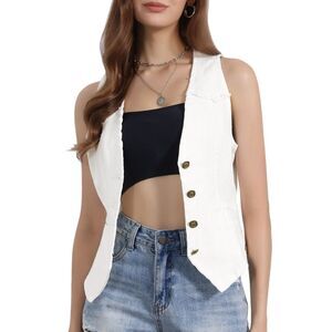 Denim Vest Sleeveless V Neck Washed Distressed Jean Jacket White